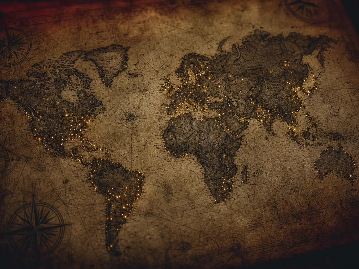 Mapamundi grabado al estilo de un atlas antiguo sobre papel envejecido, con puntos luminosos de oro marcando c