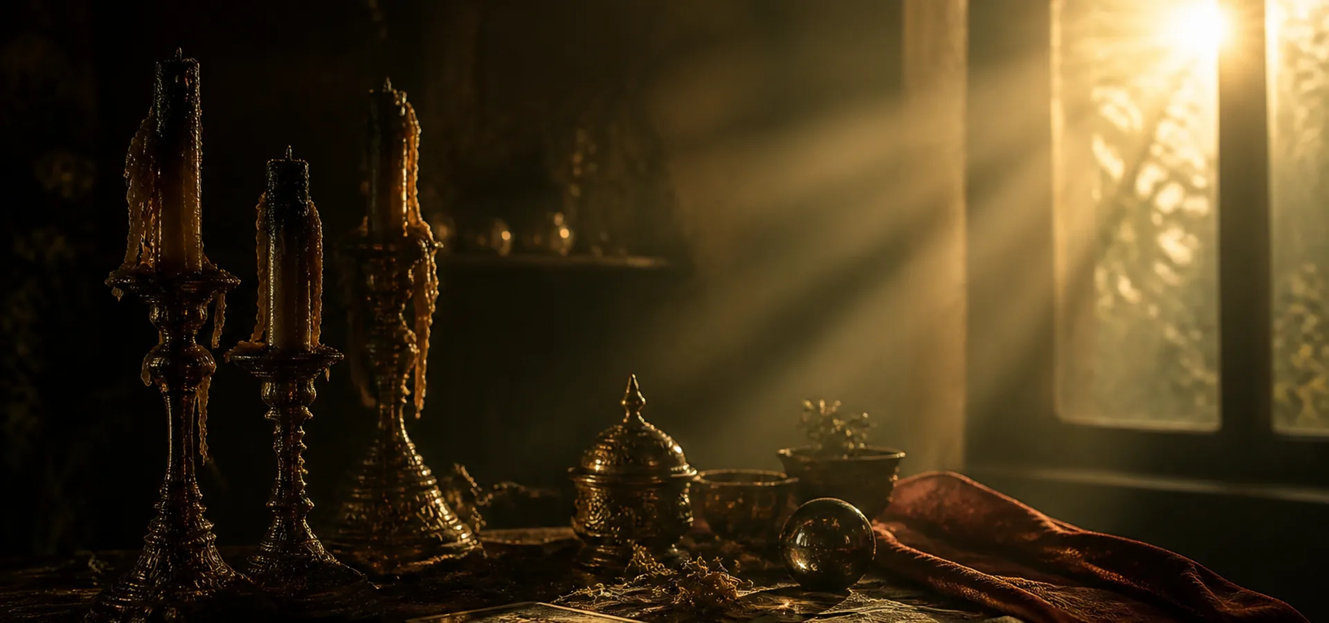Amanecer cálido entrando por una ventana sobre un altar apagado con velas consumidas y cartas, tono esperanzad
