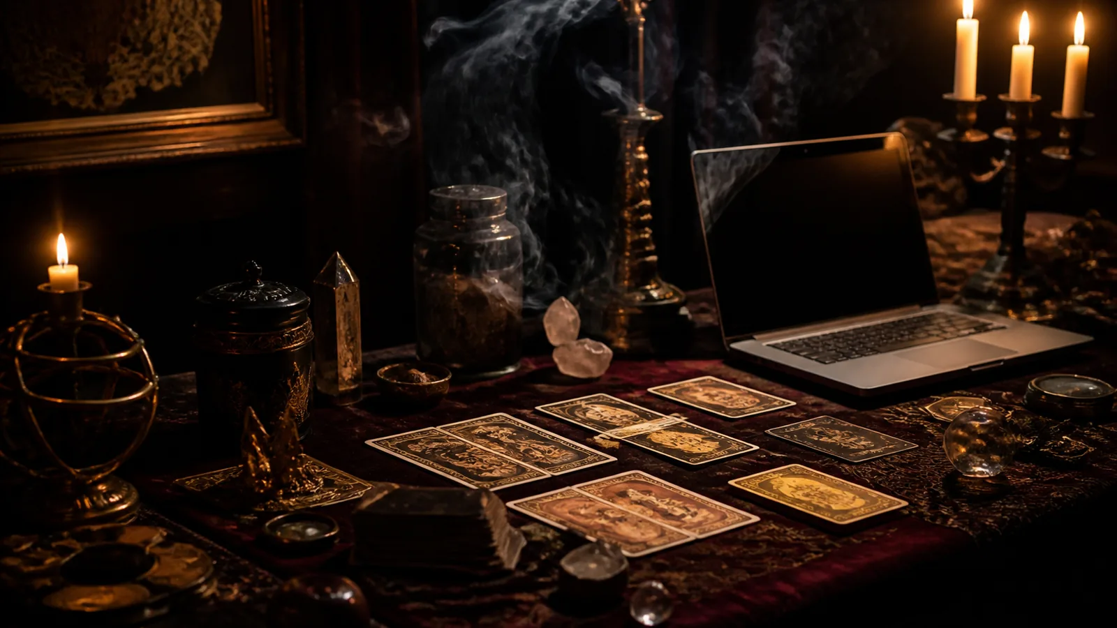 Mesa de trabajo esotérica a media luz: velas encendidas, cartas de tarot, un portátil abierto y humo sutil