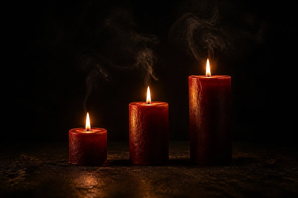 Tres velas de distinta altura alineadas sobre superficie oscura, encendidas en progresión de izquierda a derec