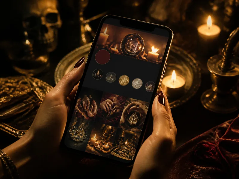 Teléfono móvil mostrando una fan page de servicios esotéricos, sostenido con luz cálida de velas, fondo oscuro